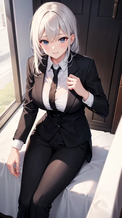 sexy older sister wearing white cutter shirt　　 　　I'm wearing a black tie　black suit pants　A radiant smile　 High Resolution　 high image quality