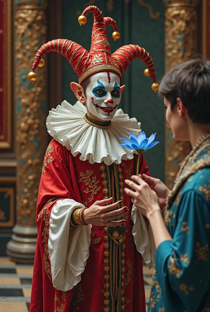 The court fool ,  Red and white face,  with a blue lotus flower offers to a person 