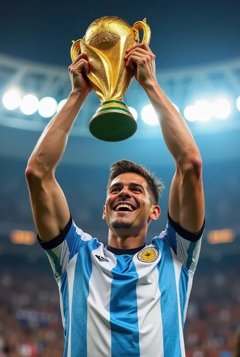 Argentinian holding the World Cup trophy 