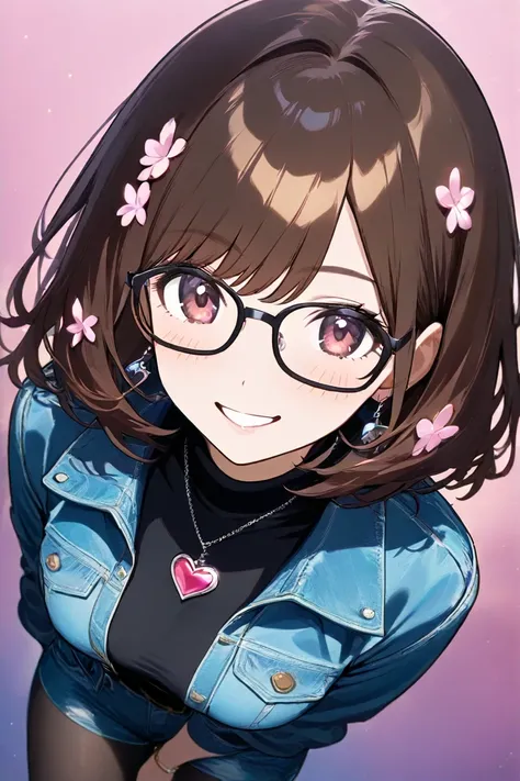 long brown hair　  pink flower hair ornament  　 medium breasts　pink heart sign　 denim hotpants　 black tights　 Black Down Jacket　 blushes, smiles,High Resolution, simple background,  black-rimmed glasses that hold a