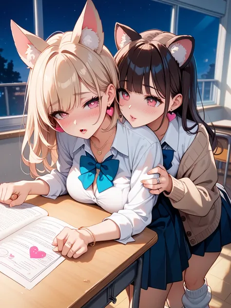 lying on back ,2girls,yuri,clothed,groping,grabbing from behind,classroom,blue bowtie,school desk,futa with female,implied,loose socks,brown cardigan,implied,long hair,s,blush,looking at viewer,bangs,large s,eyebrows visible through hair,bow,cleavage,mediu...