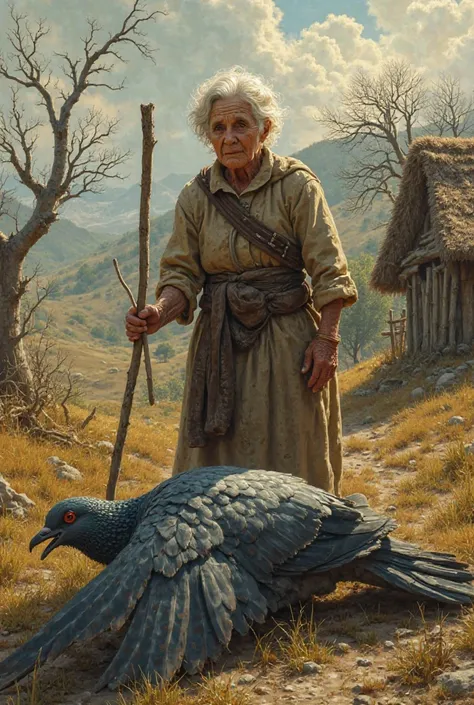 An old woman in the countryside kills a giant pigeon with a stick 