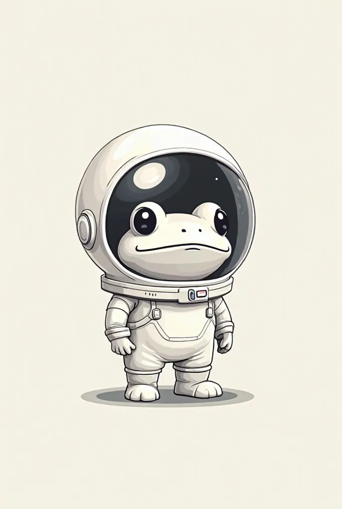 A minimalistic digital illustration of a Pepe frog wearing a sleek astronaut suit. The design is clean and simple, black and white illustration, with smooth lines. The frog has a calm and curious expression inside a round, transparent helmet. The backgroun...