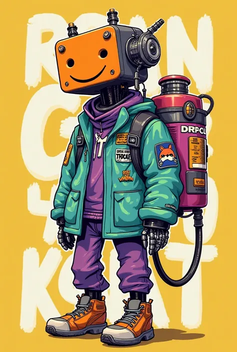 futuristic and vibrant robotic character with a mechanical head that resembles a painter's mask or sprayer. The robot has an orange, boxy head with a smiley face on one side, multiple nozzles, and tubes connected to its body. The robot's outfit consists of...