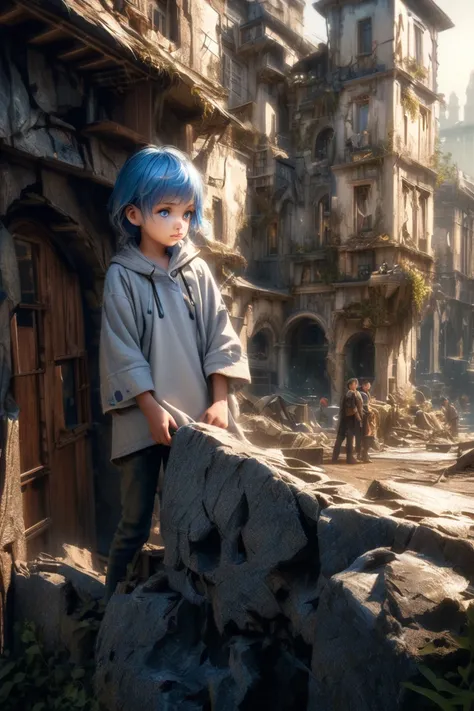 male　 cute　 Shota　   blue hair and blue eyes  　 short　The background is a fantastic building based on white　 is cracked