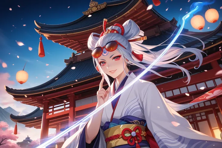 Crée un fond d'écran inspirer de l'univers du jeu video Onmyoji et du lore du personnage Kujaku-Myouou. l'image est fractionner en deux : une partie bleu et rouge. 