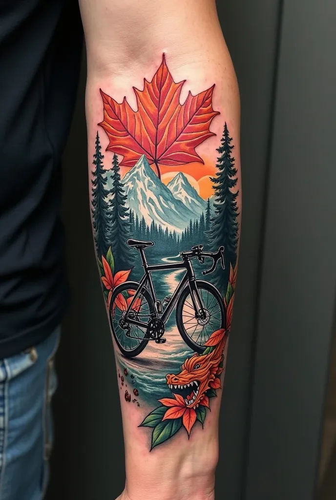 Forearm tattoo road bike mountain forest maple leaf dragon