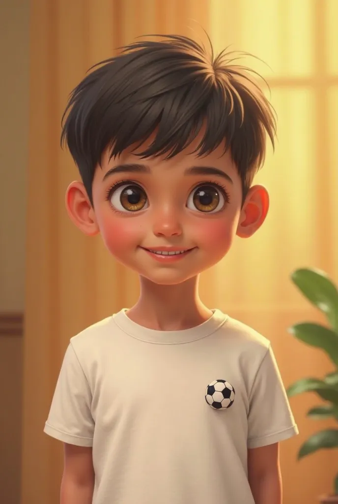 Fake a seven-year-old brown boy with straight hair wearing a white shirt with a small detail of a soccer ball on the jersey