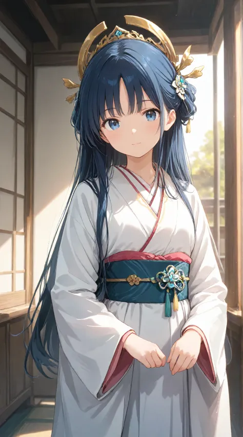 masterpiece,large breasts, long hair, (black hair1.5) , bangs, （1girl1.5）, 青リボン、Blue hairs ornament, 18 years old、breast focus、looking at viewer，full body,tea ceremony club kimono