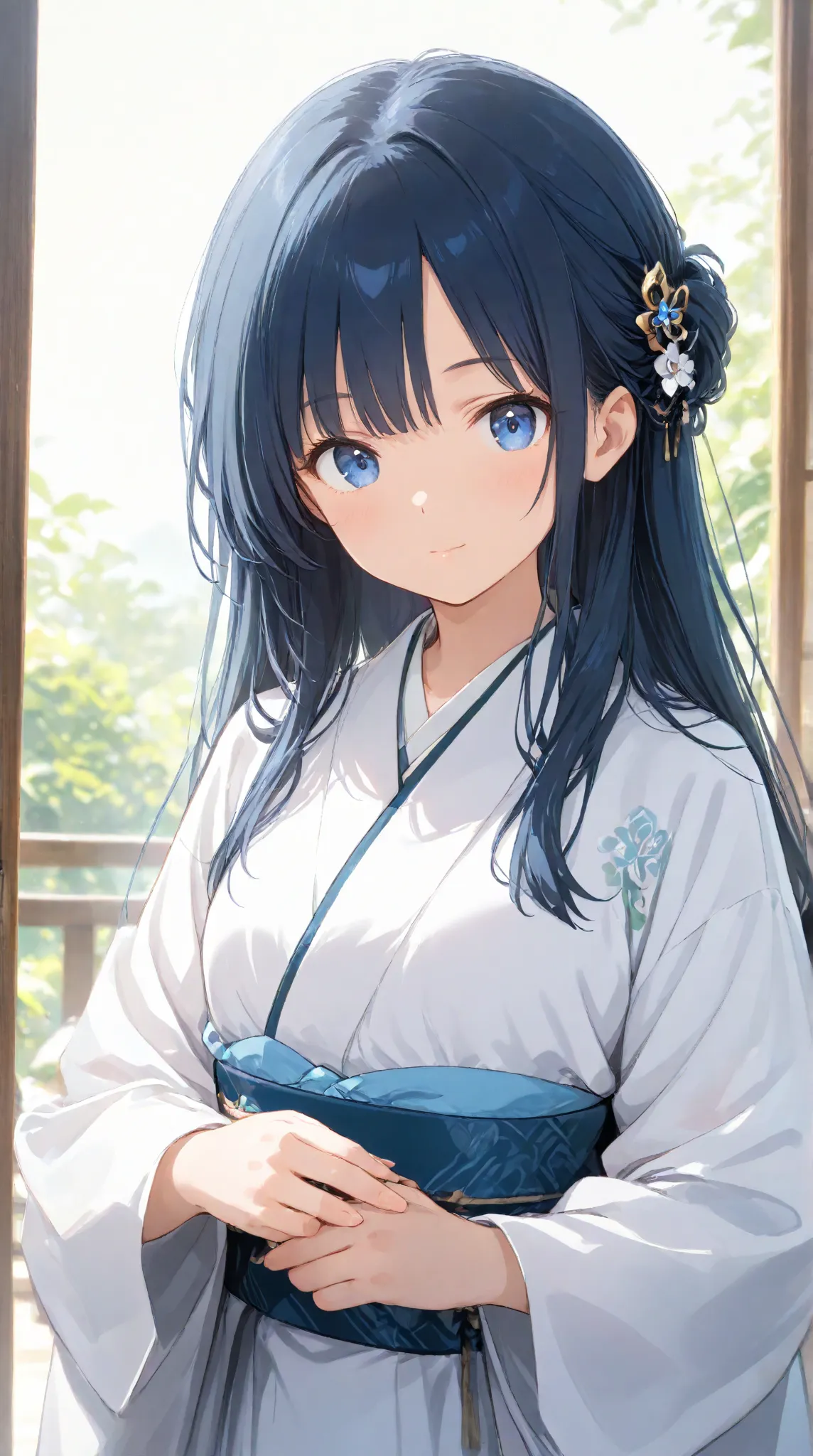 masterpiece,large breasts, long hair, (black hair1.5) , bangs, （1girl1.5）, 青リボン、Blue hairs ornament, 18 years old、breast focus、looking at viewer，full body,tea ceremony club kimono