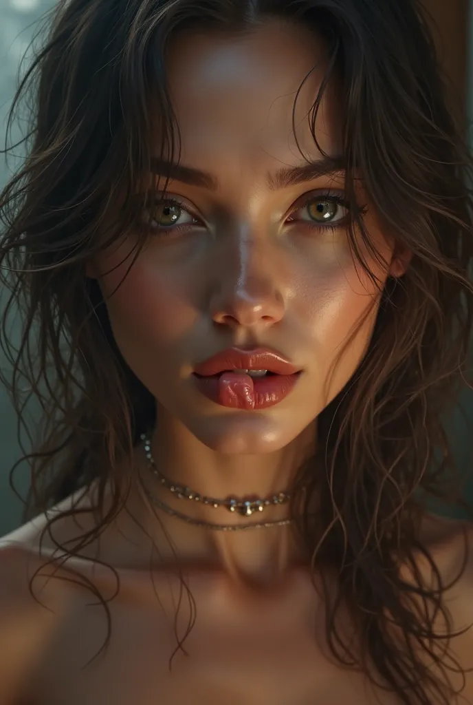 Create a photorealistically beautiful woman, 30 years old, dangerously sexy eyes, licks her lips, 