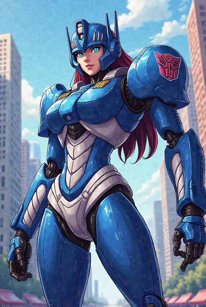 Create an artwork featuring transformers Strongarm blue color with white, police female in cartoon style 