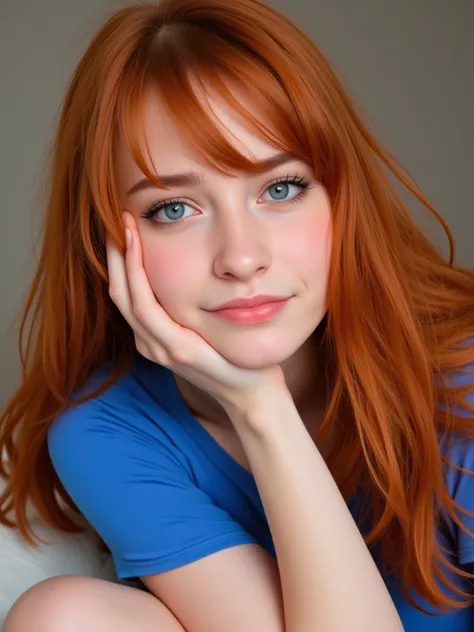 1girl, long straight messy red hair with long bangs over her blue eyes, beautiful, detailed eyes, hair cascading in soft waves \(hairstyle\), 20 years old.  Blue top,, {{beautiful detailed face}}, photorealistic , {{aesthetic}}, {{{best quality}}}, stunnin...