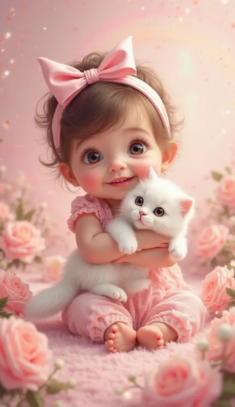 

"A realistically detailed digital painting of an adorable baby girl dressed in a soft pink outfit, featuring a delicate headband with a large satin bow. She holds a fluffy white cat close to her chest, both appearing content and joyful. The background is...