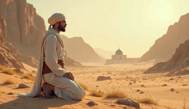 A young man in long white robe, turban, sandals, looking towards the masjid nabwi in the far distance, the green dome of the tomb barely visible, with a leather belt around his loin , in the morning in the middle of a desert filled with tall mountains, He ...