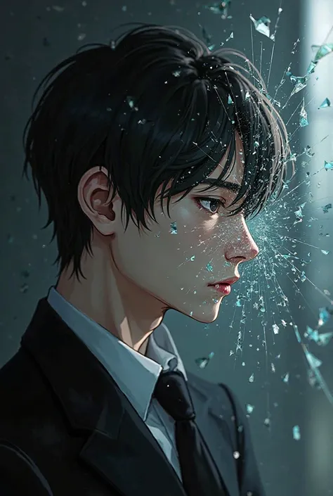 A man whose face is not shown, only half of his face, his hair is medium length and well-groomed, he is wearing an expensive black suit, and next to his face there is flying glass broken into very large pieces, anime style, His face is not shown because it...