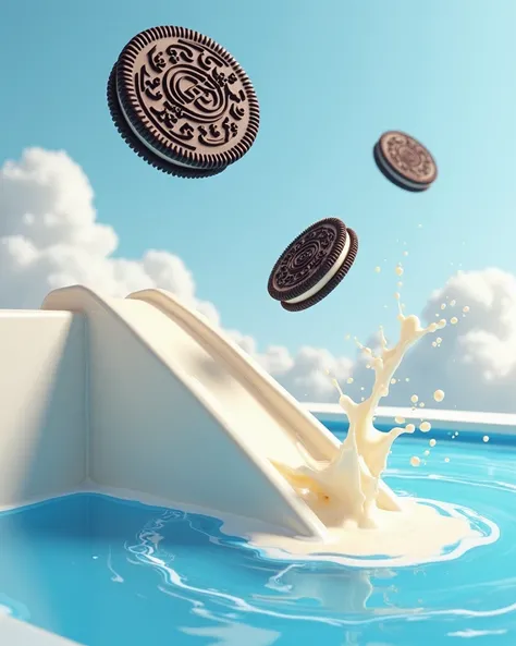 I want a realistic flat composition from bottom to top. A vanilla-flavored Oreo cookie is in the air after jumping off a dive ramp into a milk pool. Two other vanilla cookies are waiting their turn on the ramp.  in the pool, a chocolate-flavored Oreo cooki...