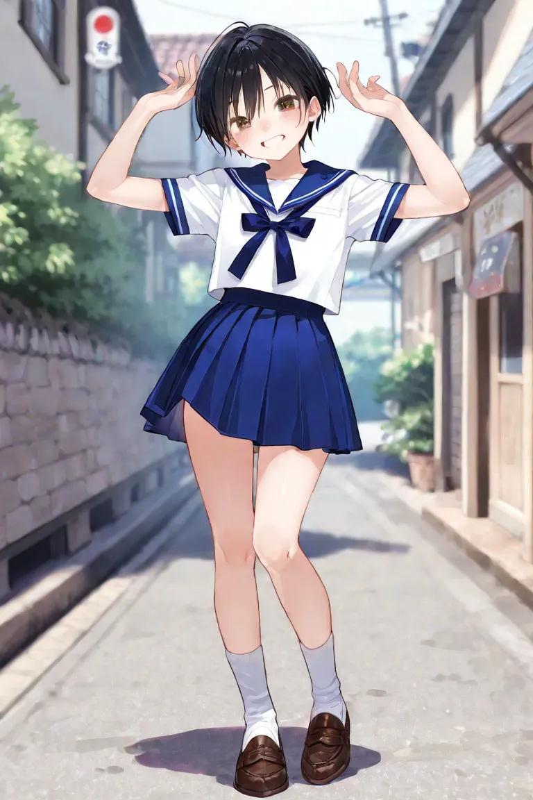 nsfw、masterpiece、Highest quality、High Resolution、 Clarify every detail、1 girl、 Japanese、 black hair、short hair、slim、Town、road、younger sister、 middle school student、、(eye、nose、mouth)summer、sailor suit、Short sleeve、blue sailor scarf、pleated skirt、knees丈、knee...