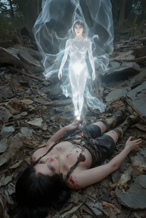A beautiful, luminous, transparent, black-haired female soul leaves her mortally heavy, wounded, bloodied female warrior body lying on a battlefield, dressed in primitive warrior clothes, and floats upward.