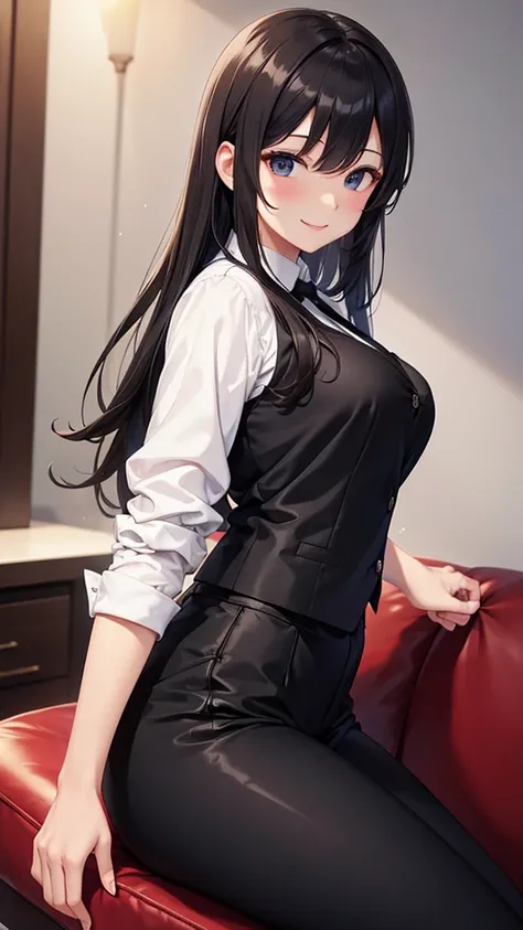 sexy older sister wearing white cutter shirt　　 　　I'm wearing a black tie　black suit pants　A radiant smile　 High Resolution　 high image quality