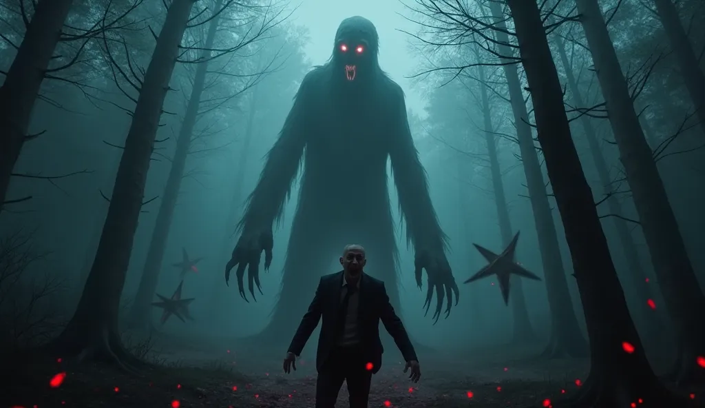 "A nightmarish, haunted forest shrouded in thick, eerie fog. In the center, a towering, faceless figure with hollow, glowing red eyes stares directly at the viewer, its body twisted and shadowy, as if it doesn't fully belong to this world. Its long, clawed...