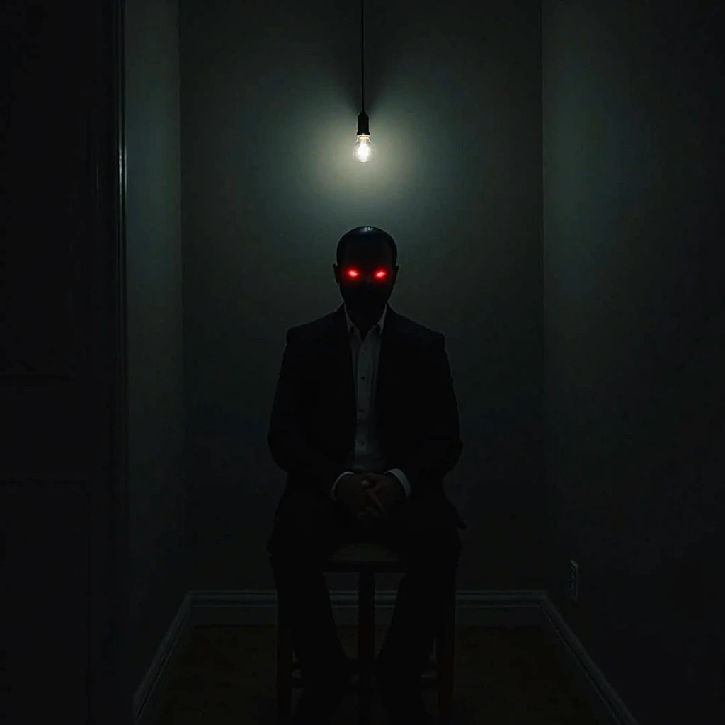 A man in a black suit with red eyes sat on a chair, his face completely obscured. Only his glowing red eyes were visible. A single light bulb illuminated the space, while the surroundings remained shrouded in darkness.

