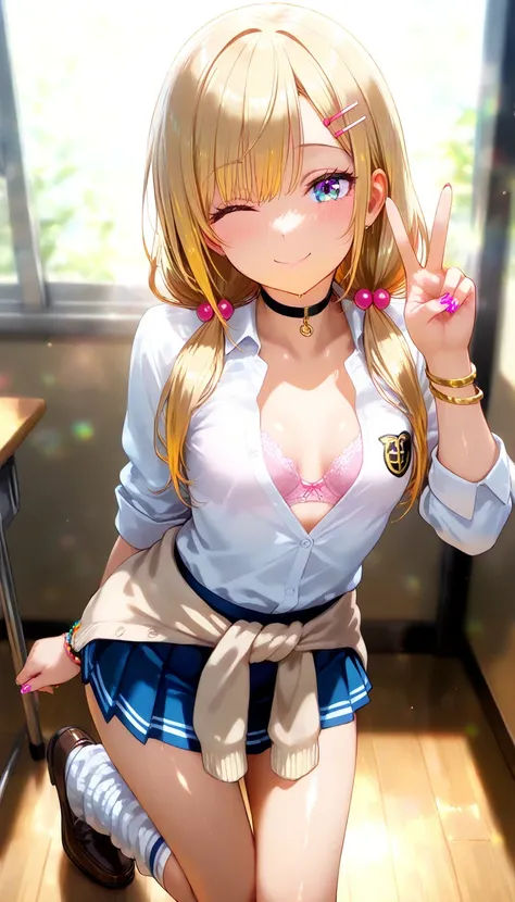 (masterpiece, best quality, amazing quality, very aesthetic, absurdres, newest:1), masterpiece,best quality,amazing quality,a girl ,solo, long hair,(gold hair:1.3), ((low twintail hair)), pink hairpin ,high detail eyes,blue eyes , wink,black choker,(school...