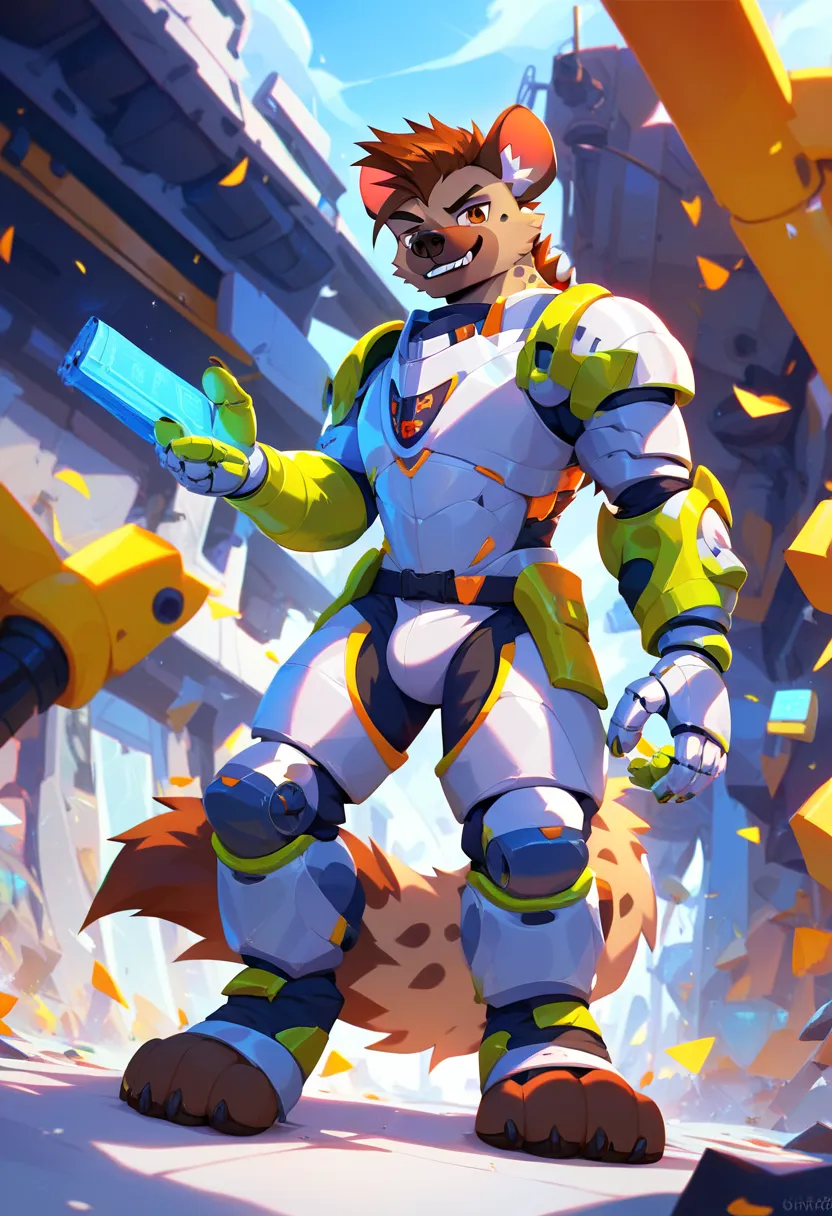 2d art style, high quality, vivid colors, One antropomorphic male spotted hyena, he has short brown hair, he has brown eyes, he has a robotic arm, he is wearing a scrap armor, He is long and thin and wears a green poncho, and has a very serious face, he ha...