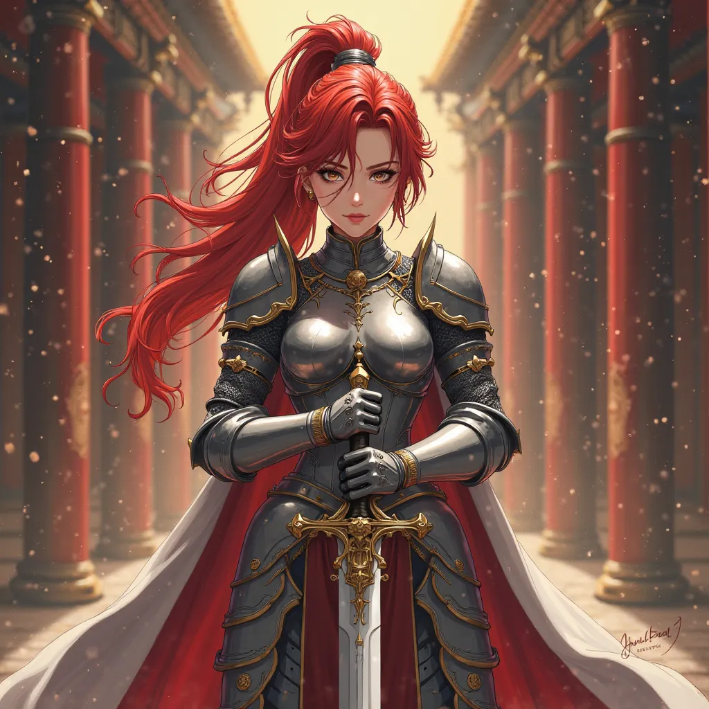 Long redhead girl tied ponytail, mata orange, wear knight armor, holding a sword stuck in the ground, imperial background. Gambar style anima