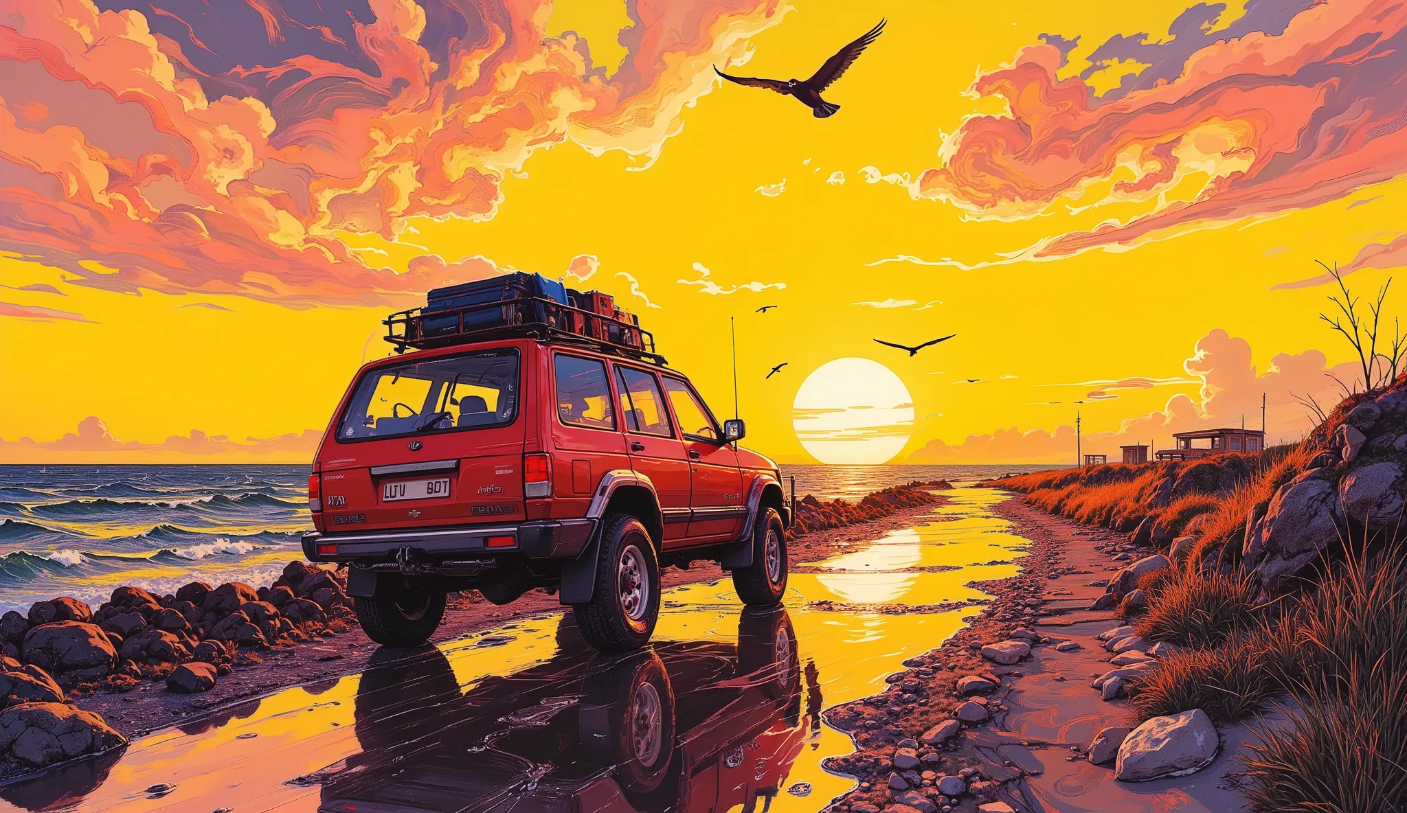  A car running towards the sunset(4WD)'s art, The roof carrier is loaded with luggage,the road continues into the sunset,Emphasize perspective ,the part close to the sunset、the farther part spreads, the sunset is reflected on the ground or water surface(Pa...