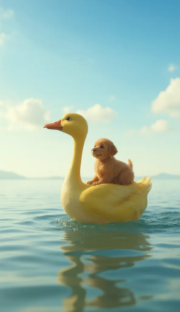 The mother duck swiftly swims over to the puppy, gently lifting it onto her back. The duck, with her wings outstretched, carefully takes the puppy towards the shore. The sunlight glistens on the water as the rescue mission unfolds under the clear sky,he ar...