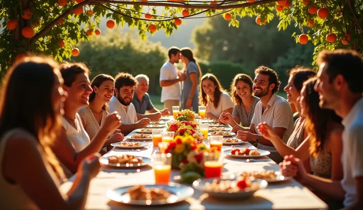 “A large festive table in the garden of a traditional Spanish house. He has seafood dishes, vegetable snacks, jugs of fresh drinks. Smiling relatives of different ages sit around the table. In the center of the square dra — Marta and Alejandro, holding han...