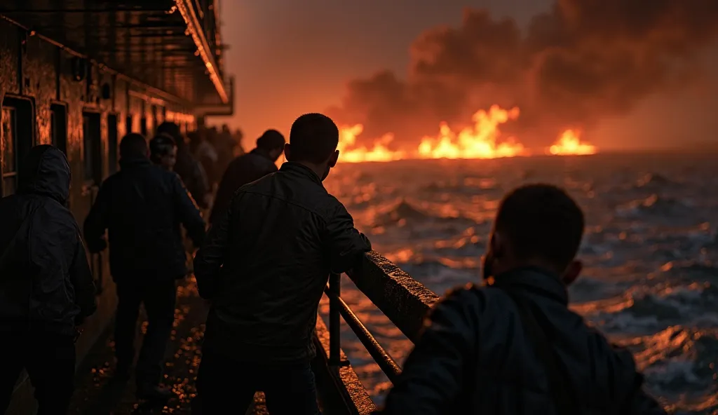 scared passengers stand on the Doña Paz near ship railings at night fire behind them back view no faces