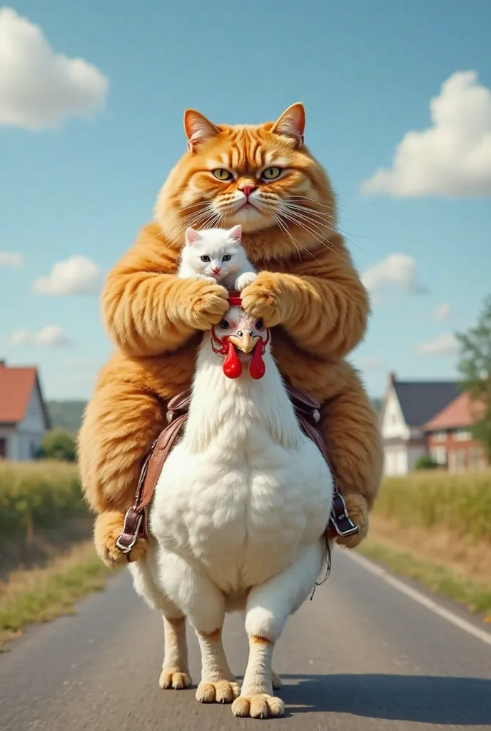 "A massive, chubby orange tabby cat with a serious expression sitting on a saddle, holding a smaller white kitten securely in its arms. The kitten has a red collar and looks relaxed. Beneath them, a large white chicken is acting as a mount, walking confide...