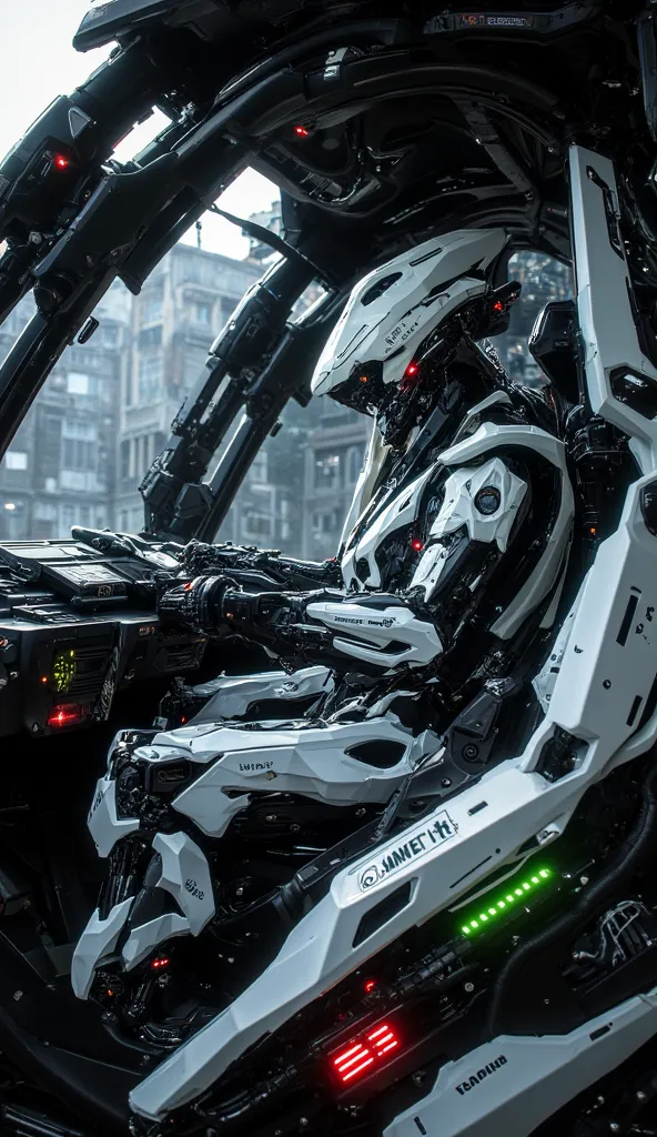 "A high-tech mecha cockpit interior with a pilot inside, showcasing futuristic control panels, holographic displays, and glowing neon indicators. The mecha’s white and black armored exterior is partially visible through the cockpit glass, reflecting the re...