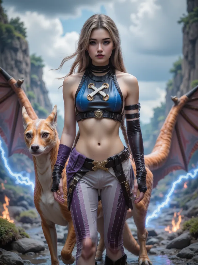 A Valkyrie warrior in leather armor, white-blue and gold details and her golden-orange pet dragon with lightning .  captivate the viewer and transport them to a world full of fantasy