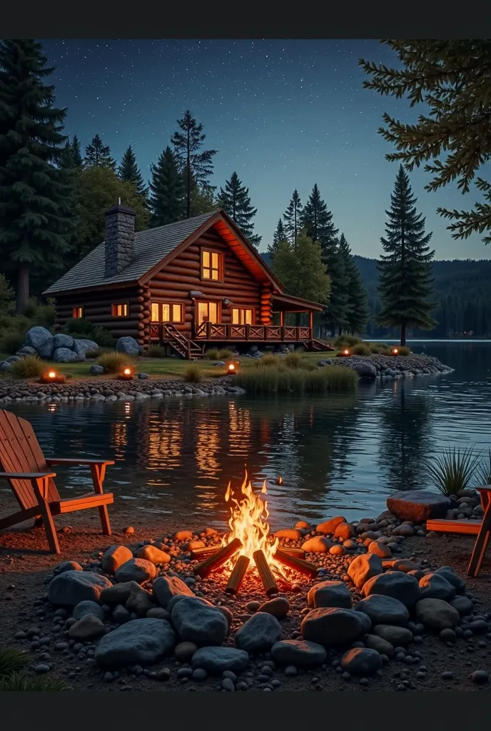 Create a serene nighttime scene of a cozy log cabin by a lake, with a glowing campfire in the foreground surrounded by stones and wooden chairs, under a starry sky.