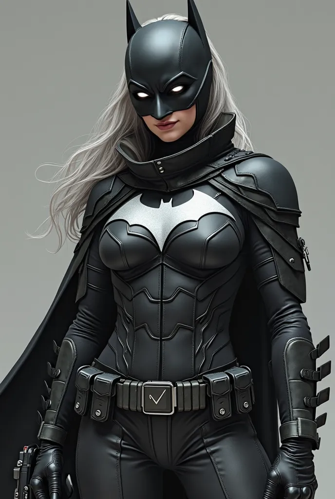 Une femme batman dans un style tactique 2025 avec le logo noir sur la pointrine et la ceinture un appareil de camouflage des griffes argenté sur les gants des yeux blanc luminescent et un holster pour son pistolet a grapin sur la cuisse 