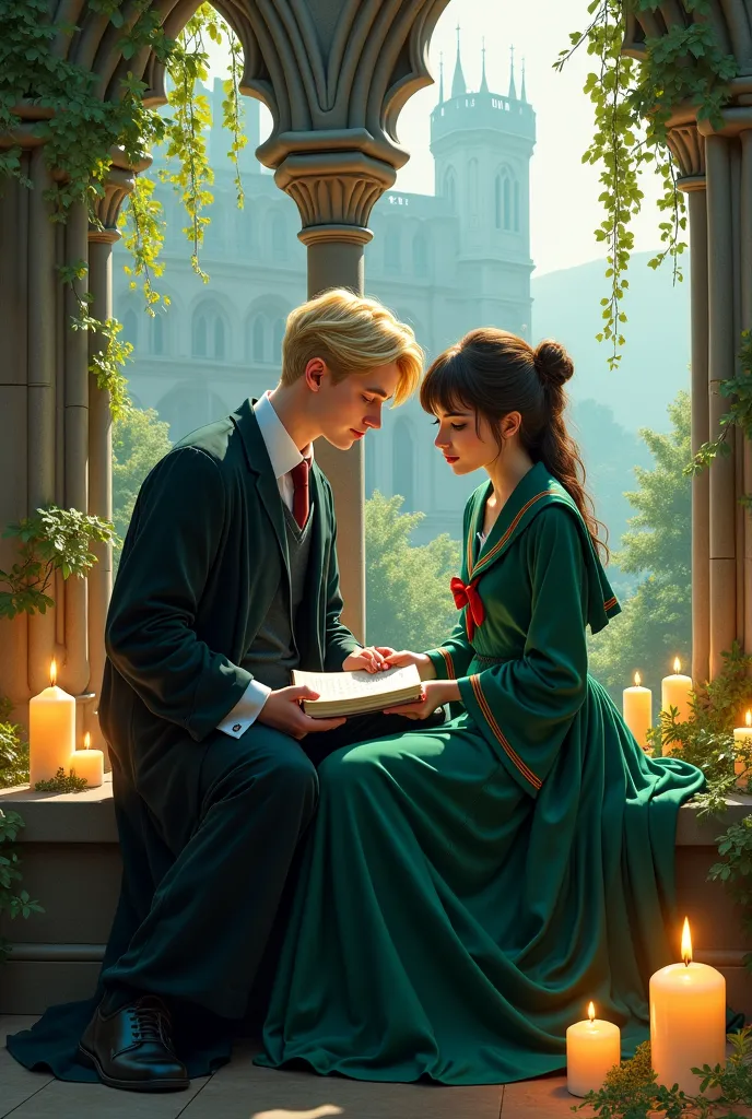  such as lush green leaves ，I'll imagine a healing illustration for you full of a magical school atmosphere：

**Picture composition：**
on the arched terrace of the West Tower，Wisteria flowers blooming around a gothic stone fence。Draco Malfoy leaned on a ca...