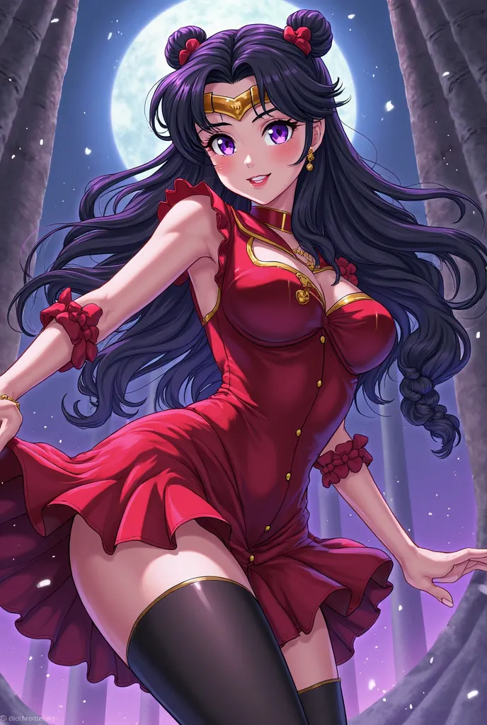 Hazme Sailor Pluto short red dress black stockings Long hair, black hair ,  headband , Two braids,  French braid, braided bun, big boobs, 
Purple eyes Illustration, 