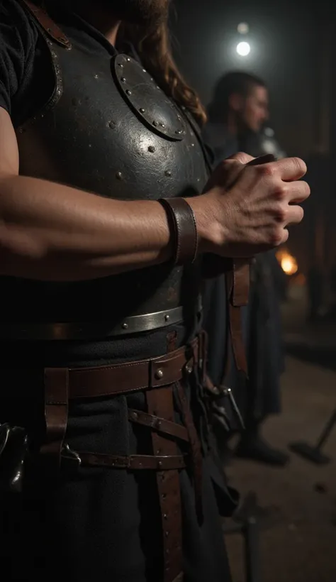 My strong, scarred hands fastening the heavy leather and metal breastplate on a wooden stand, feeling the cold metal and tight straps against my fingers, a short sword glinting faintly in the blurred background, with blurred silhouettes of other Vikings ad...