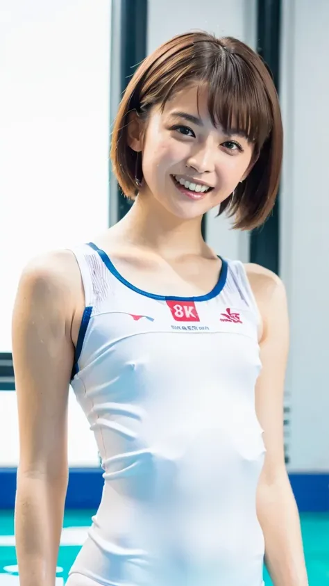 (8k, RAW photo,Top Quality, High Resolution:1.1), (超realisticな:1.4),(realistic, realistic:1.3),   Japanese Beauty  、((  upper body:1.3))、Gymnastics team clearly shows、cat whisklike lines - flexible leotards and grips、   erect nipples,   pool、smile、smiles、 ...