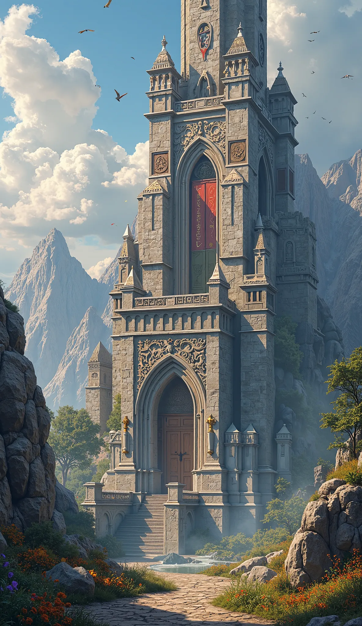 At the summit of a towering mountain, a colossal and majestic tower rises high into the heavens, dominating the landscape with its grandeur. Crafted from ancient stone, the tower's walls are adorned with intricate carvings of mythical beasts and heroic fig...