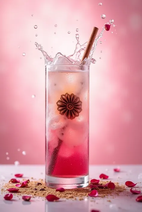 Make them like an advertisement show their ingredient and look image attractive and also show rose and styled cold drink in a glass with a creamy texture
A frosty and icy background with elegant pink and white hues
Floating rose petals and spices for a lux...