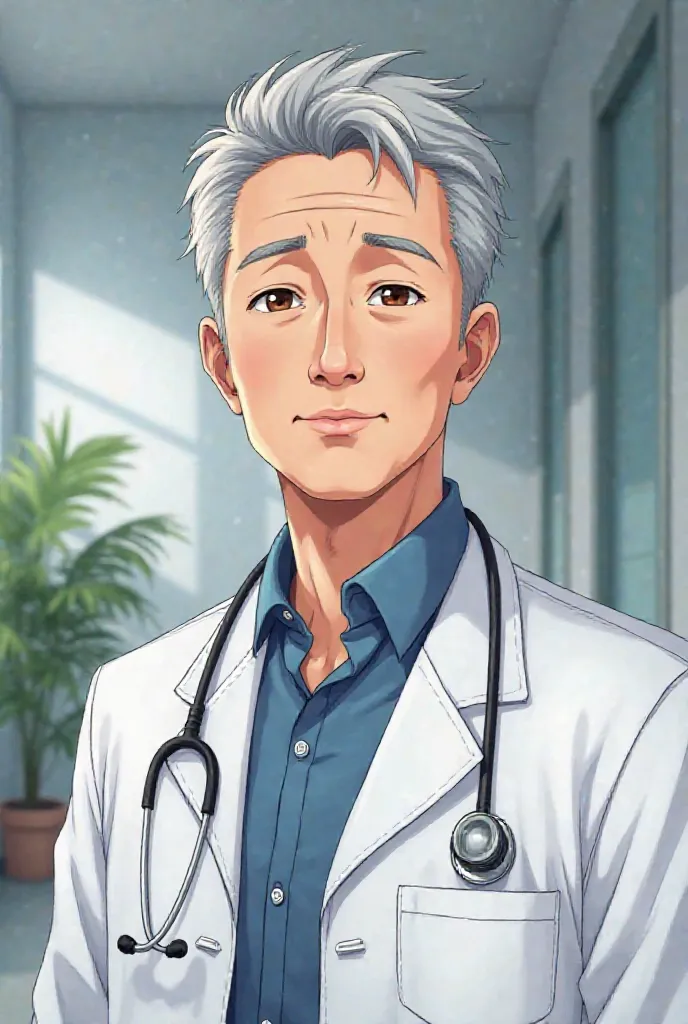 50 year old doctor, anime style, His eyes are brown and his face is innocent. 