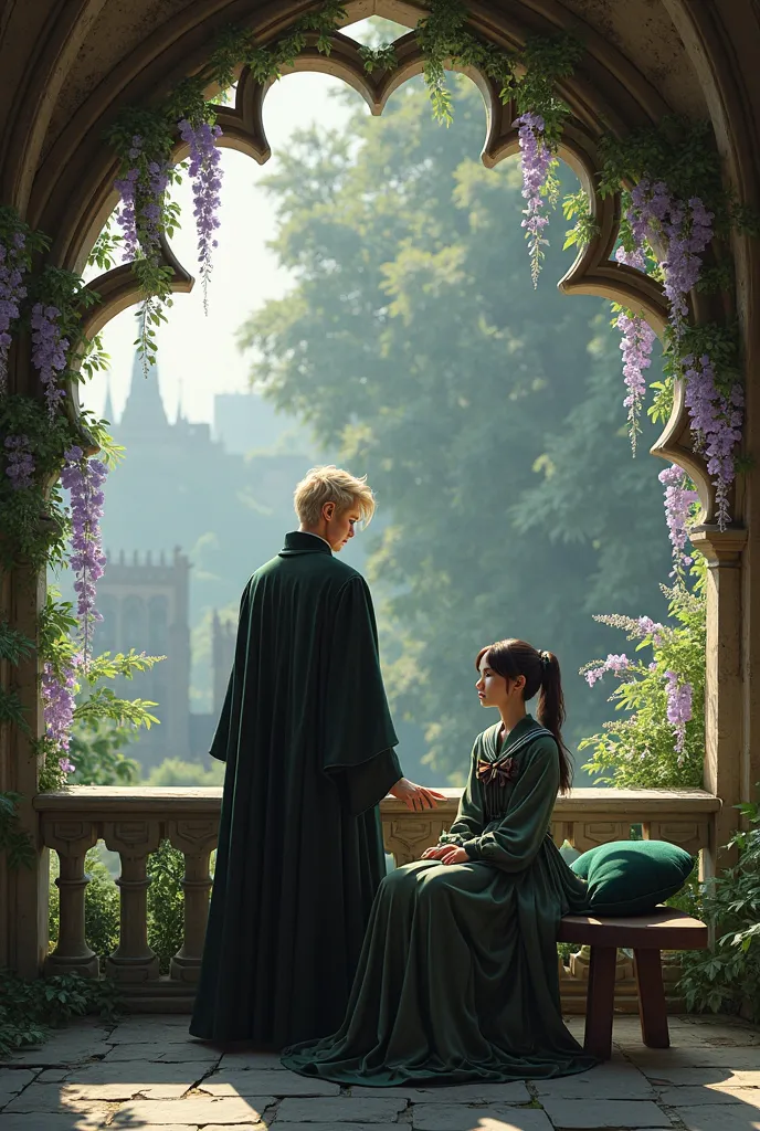 on the arched terrace of the West Tower，Wisteria flowers blooming around a gothic stone fence。Draco Malfoy leaned on a carved bench，Slytherin School Robe at ease，Coat his light golden hair with silver glitter。An oriental girl with double ponytails dressed ...