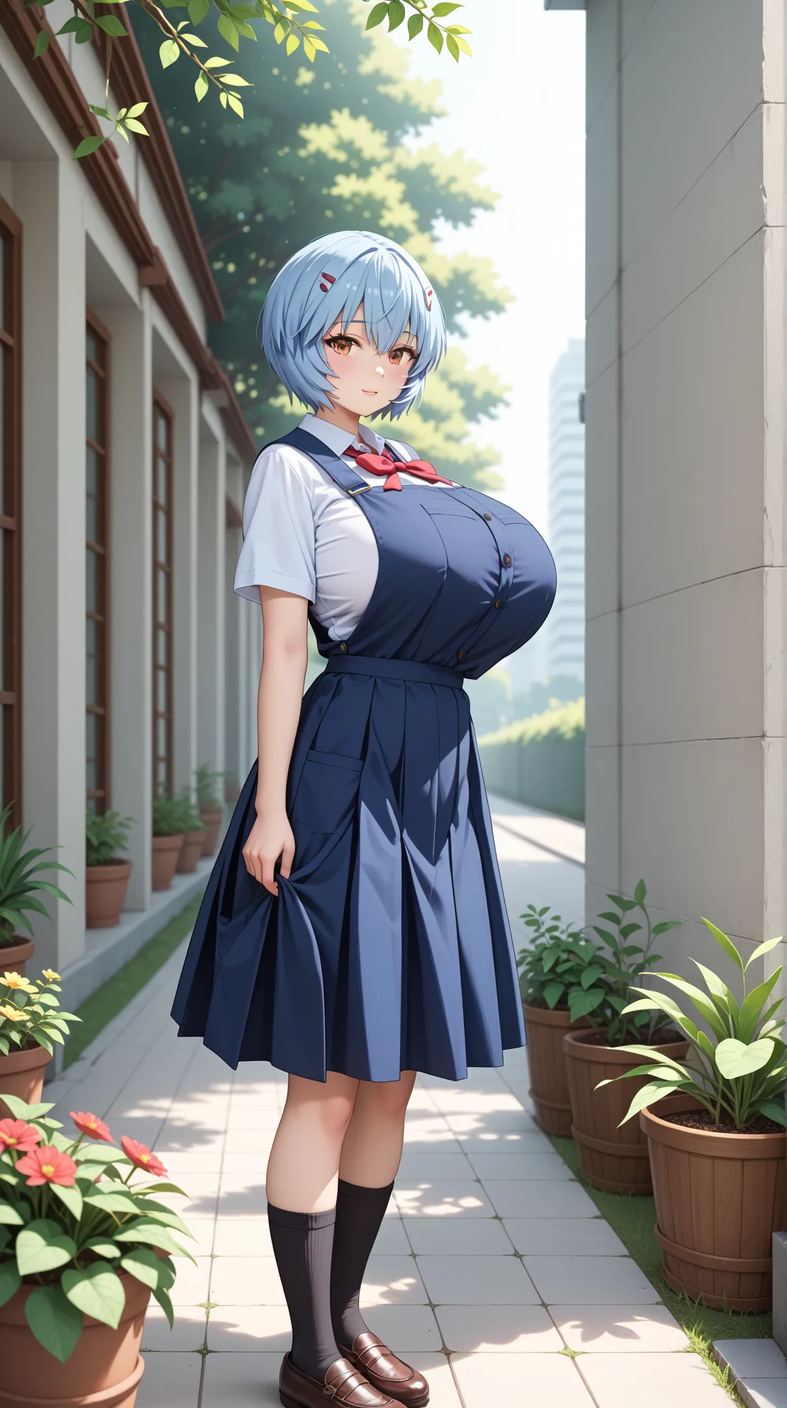 (UHD, retina, masterpiece, accurate, anatomically correct, super detail, high details,   highres, 1080P, 16k、high detail RAW color art:1.3)、 ( Ayanami Rei:1.3)、(short hair、light blue hair:1.3)、(very gigantic breasts:1.5)、(shiny skin:1.3)、(school uniform, t...