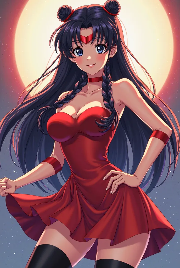 Hazme Sailor Saturn short red dress black stockings Long hair, black hair ,  headband , Two braids,  French braid, braided bun, big boobs, 
Black eyes Illustration, 