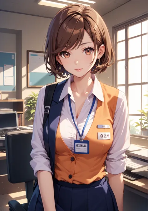 1 girl,office lady,skirt,chignon,brown hair,brown eye,short hair,swept bangs,hanging name tag