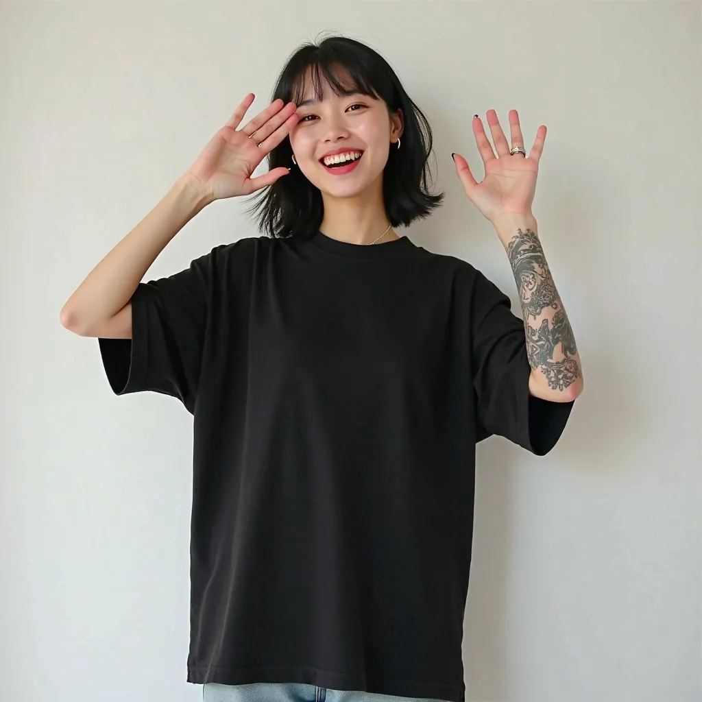 A woman, Korean. Stand facing the camera, pose elegantly. smile broadly. wearing an oversized black t-shirt size xxl which gives a simple impression but full of character. hands raised in a sign of happiness. On his right arm, an artistic tattoo covers a l...